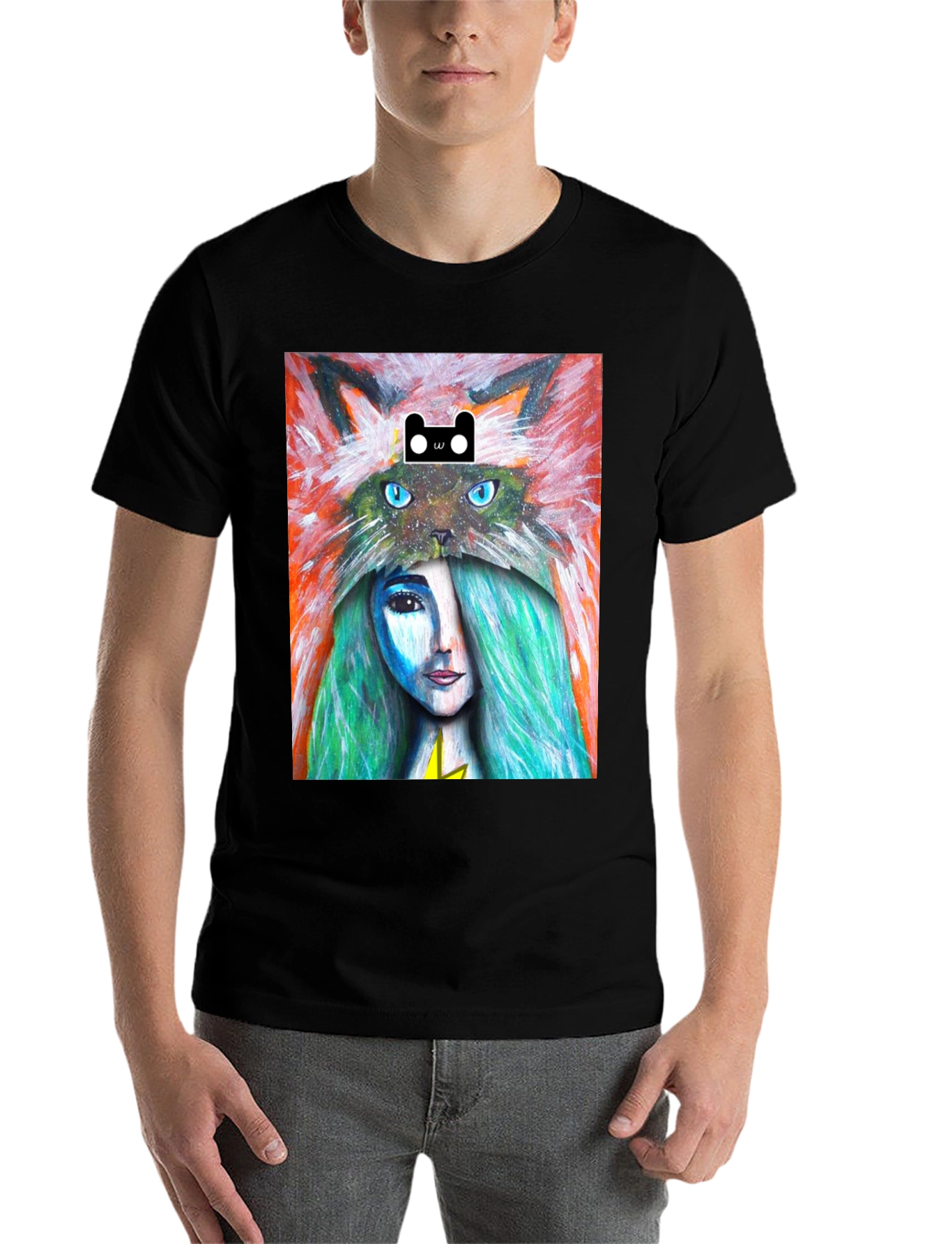 Black Artistic T-Shirt with Cat and Woman Design view 7