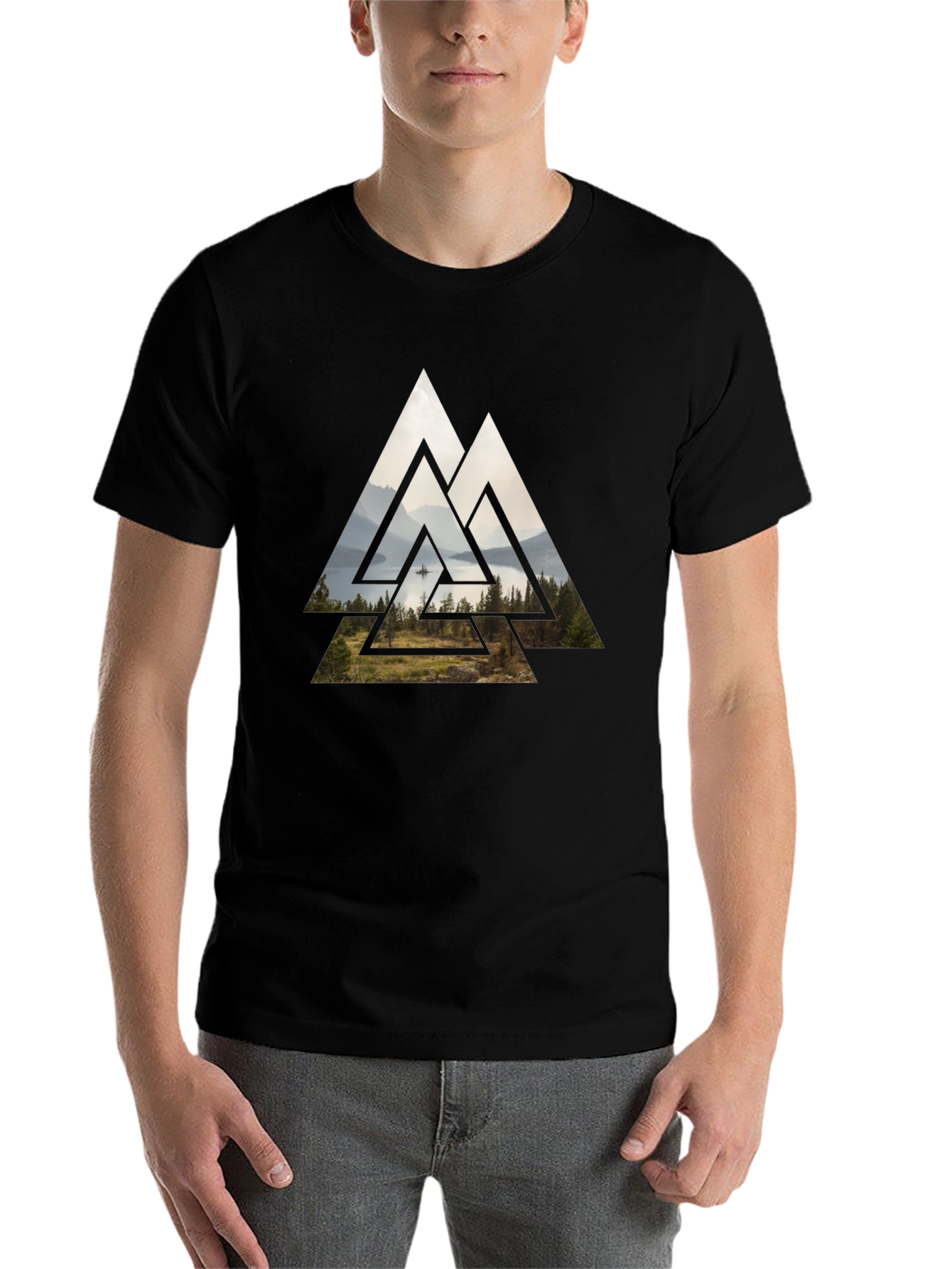 Black Geometric Landscape Graphic Tee - Black Cotton Blend view 7
