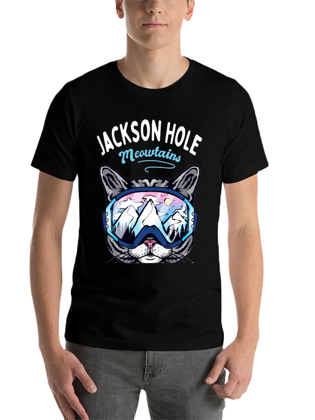 Black Jackson Hole Meowtains Cat Ski T-Shirt view 7