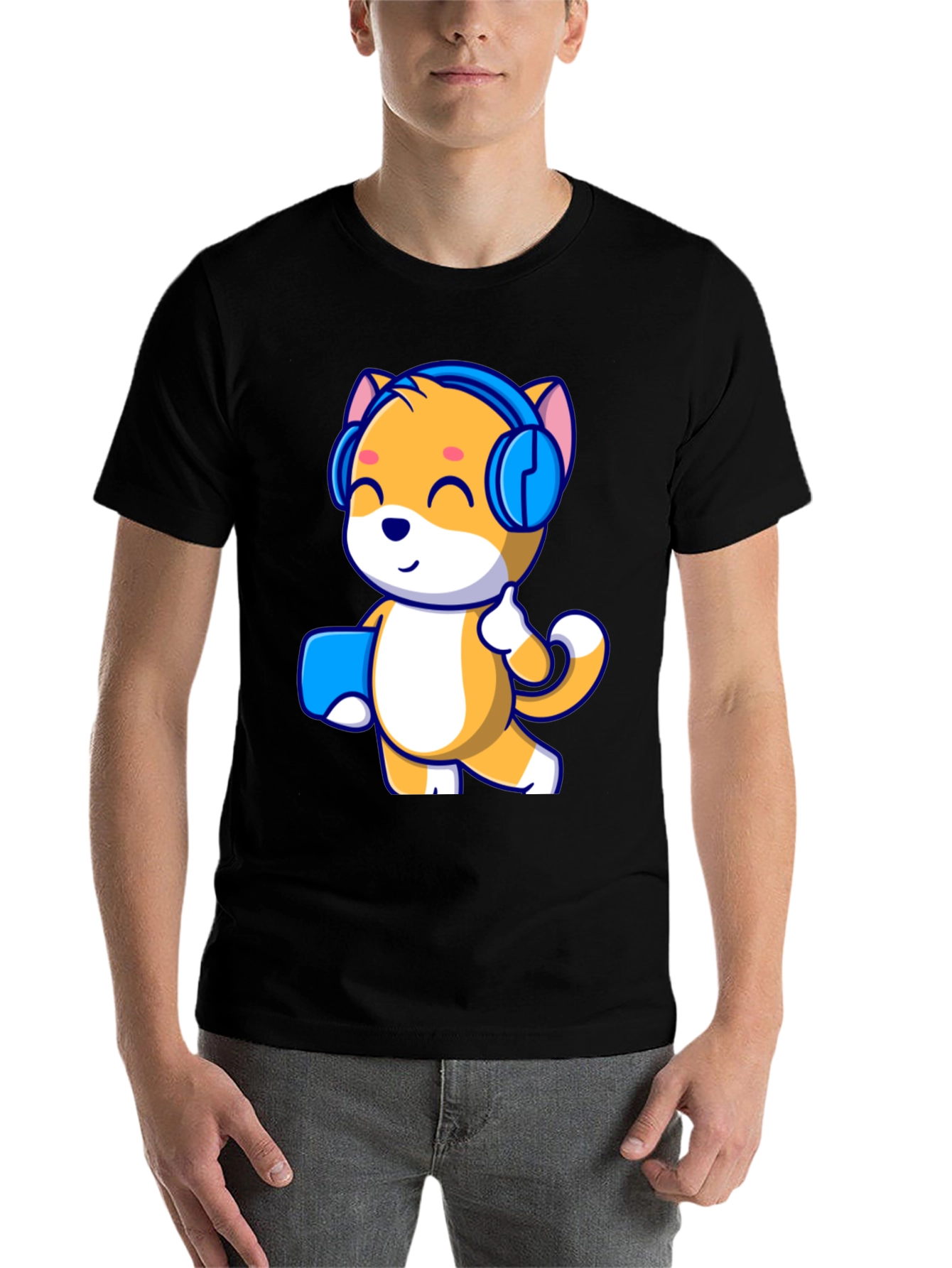 Black Cute Cartoon Cat with Headphones Black T-Shirt view 7