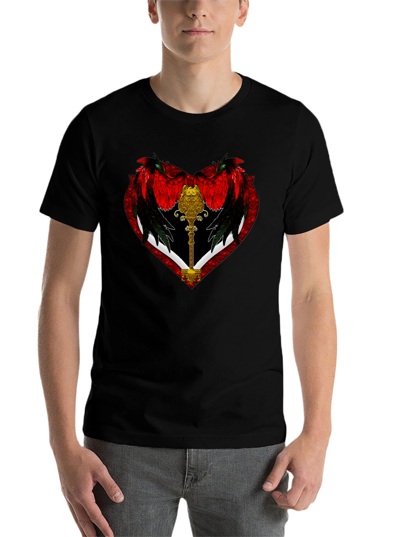 Black Winged Heart Key Graphic Black T-Shirt view 7