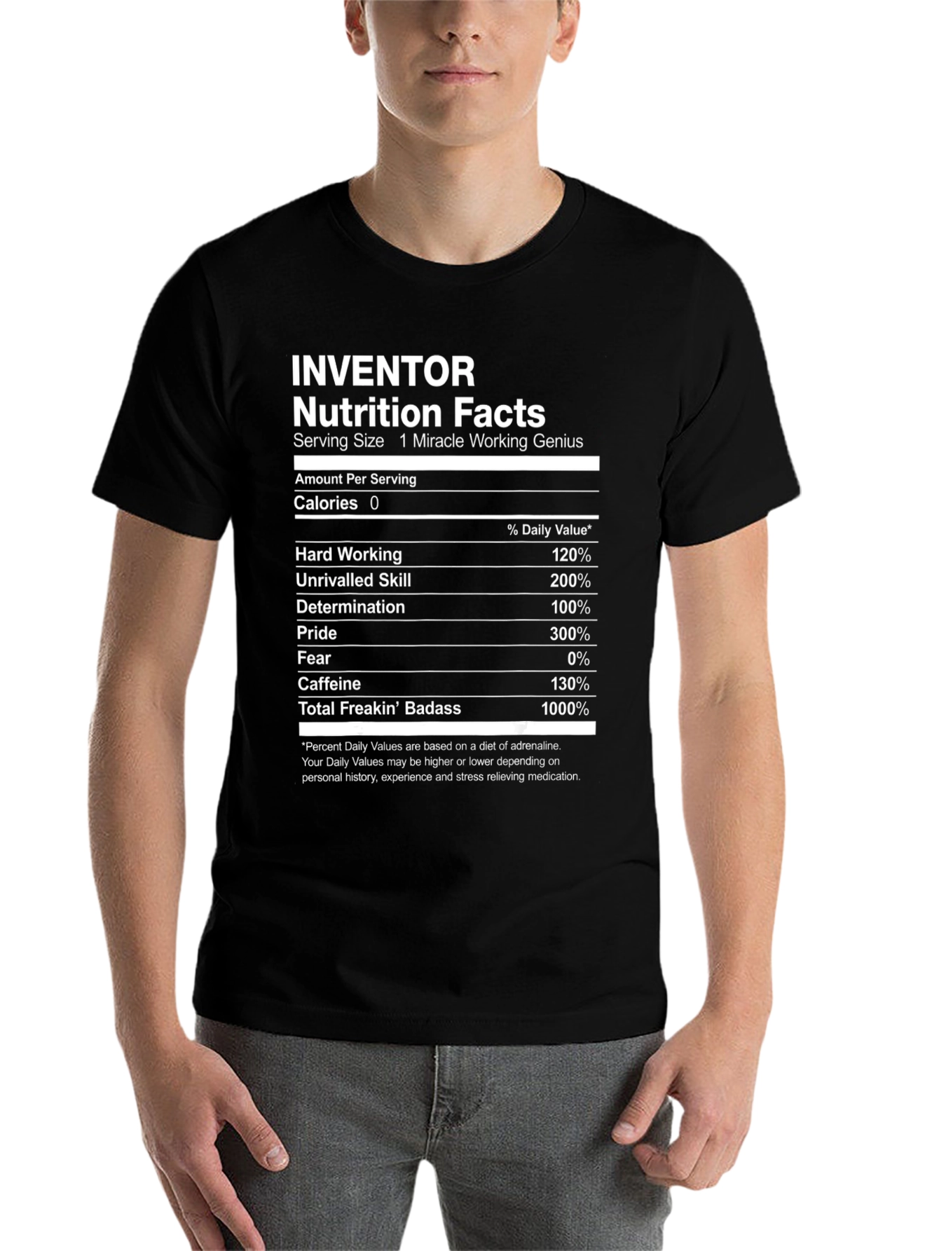 Black Inventor Nutrition Facts T-Shirt - Funny Graphic Tee view 7