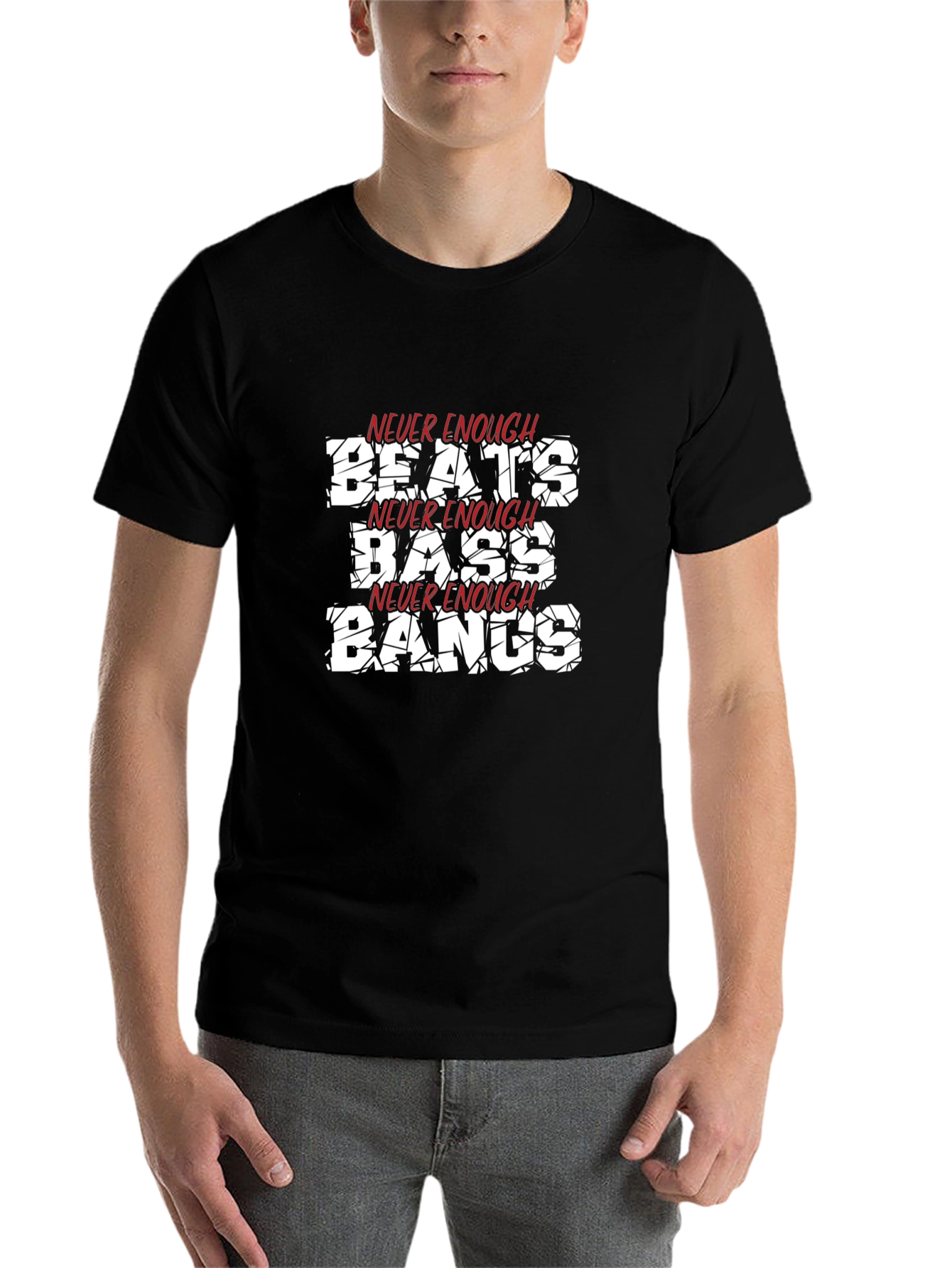 Black Never Enough Beats, Bass, Bangs Black T-Shirt view 7