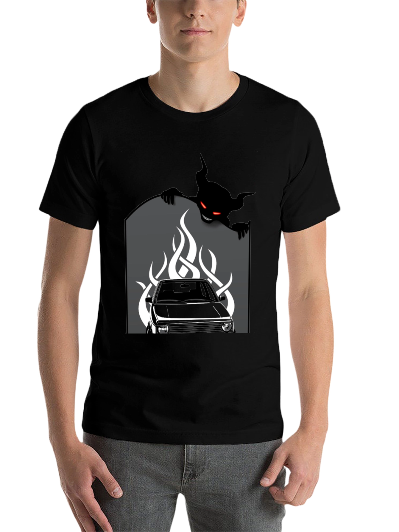 Black Men's Black Graphic Tee - Car and Devil Design view 7