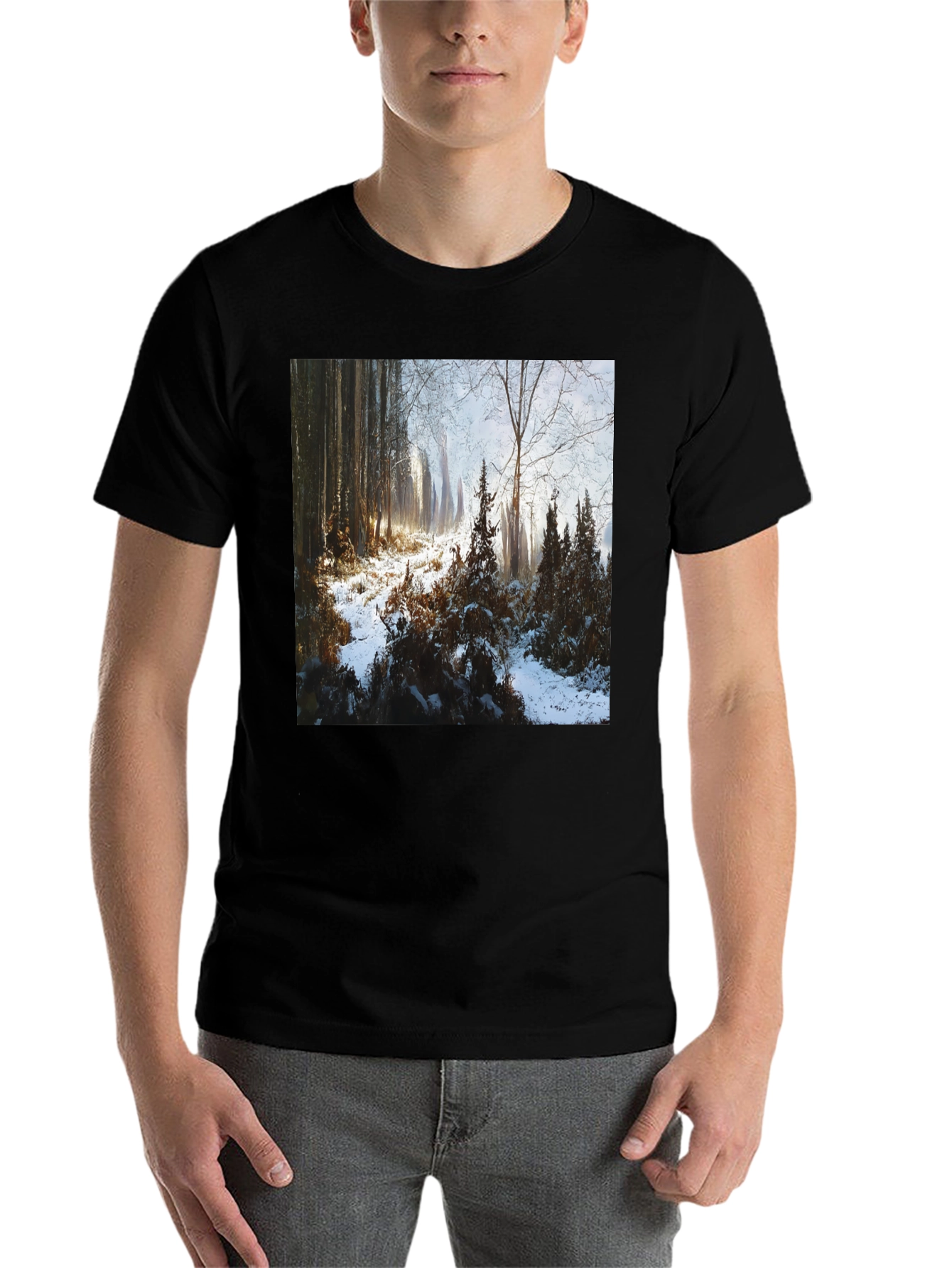 Black Winter Forest Scene T-Shirt view 7