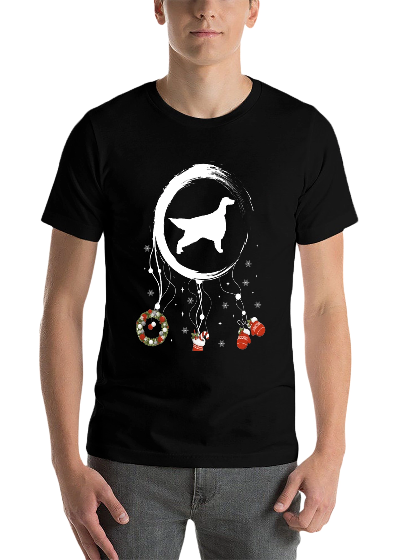 Black Dog Silhouette Christmas Dreamcatcher Tee view 7