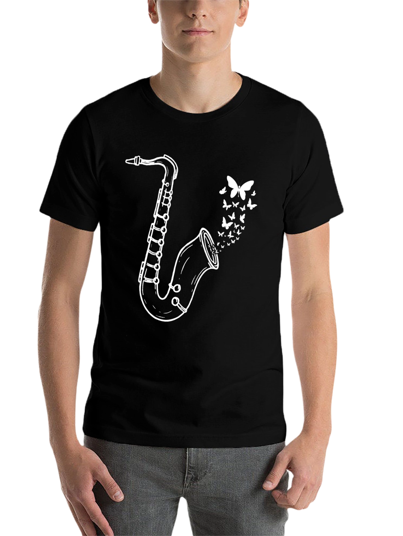 Black Saxophone Butterfly Graphic Tee - Black Casual T-Shirt view 7