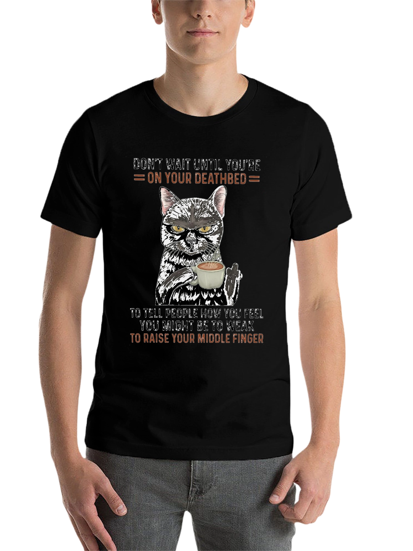 Black Funny Cat Middle Finger Graphic T-Shirt view 7