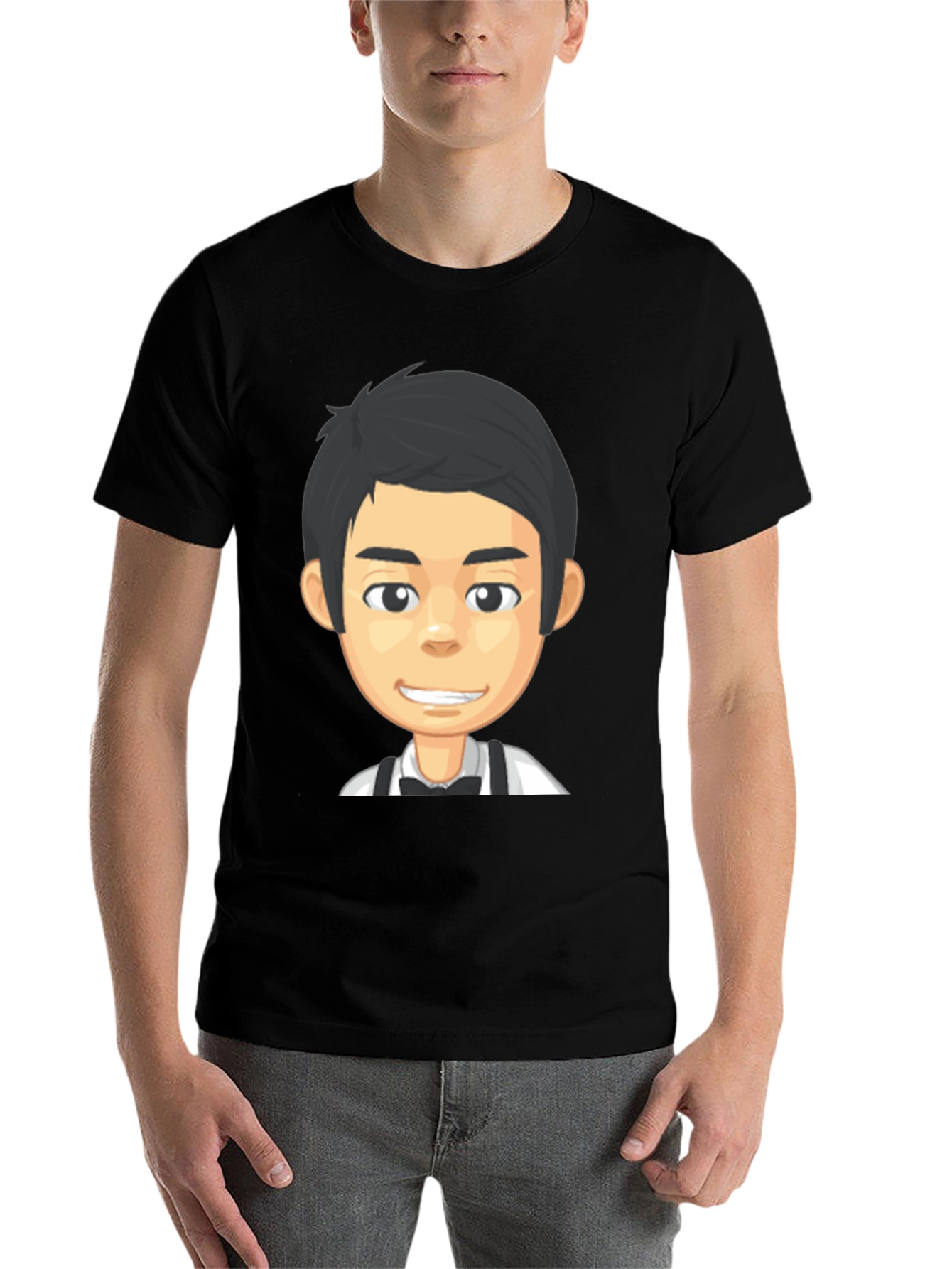 Black Cartoon Waiter Graphic Tee - Black Crew Neck T-Shirt view 7