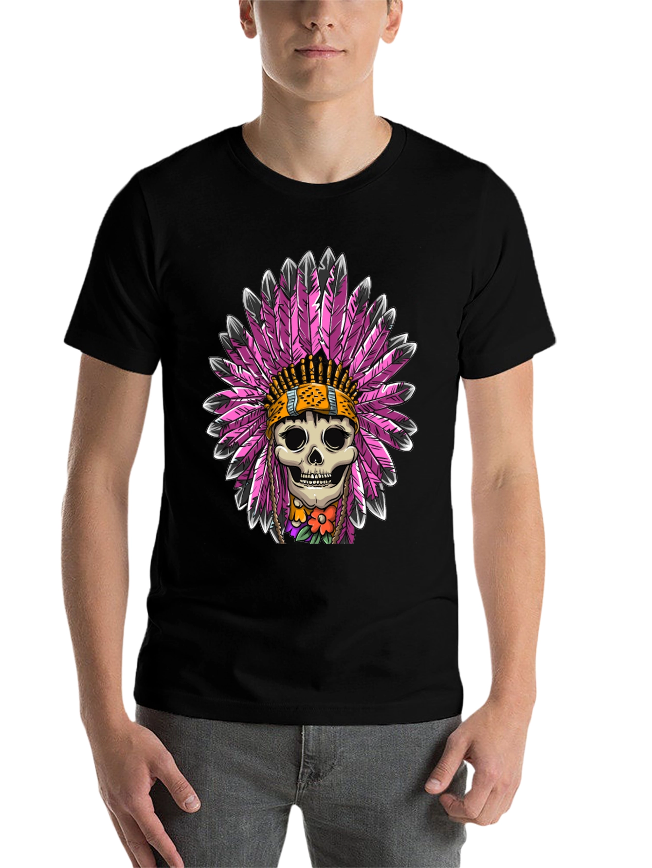Black Skull Chief Feather Headdress T-Shirt view 7