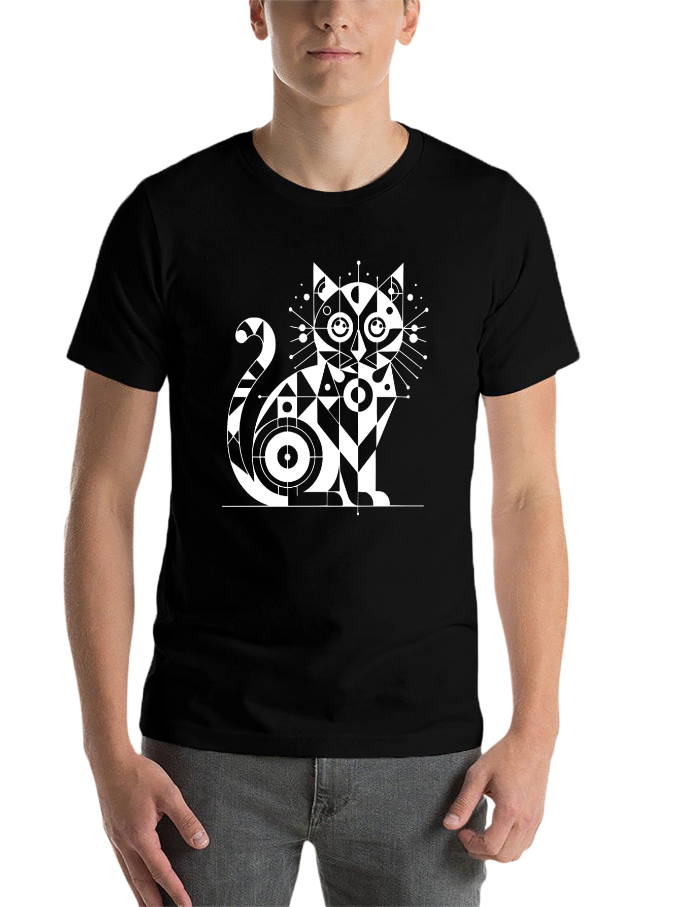 Black Geometric Cat Graphic T-Shirt - Modern Design view 7