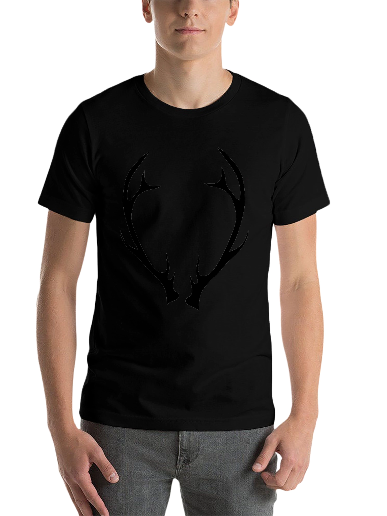 Black Men's Black T-Shirt with Antler Graphic view 7