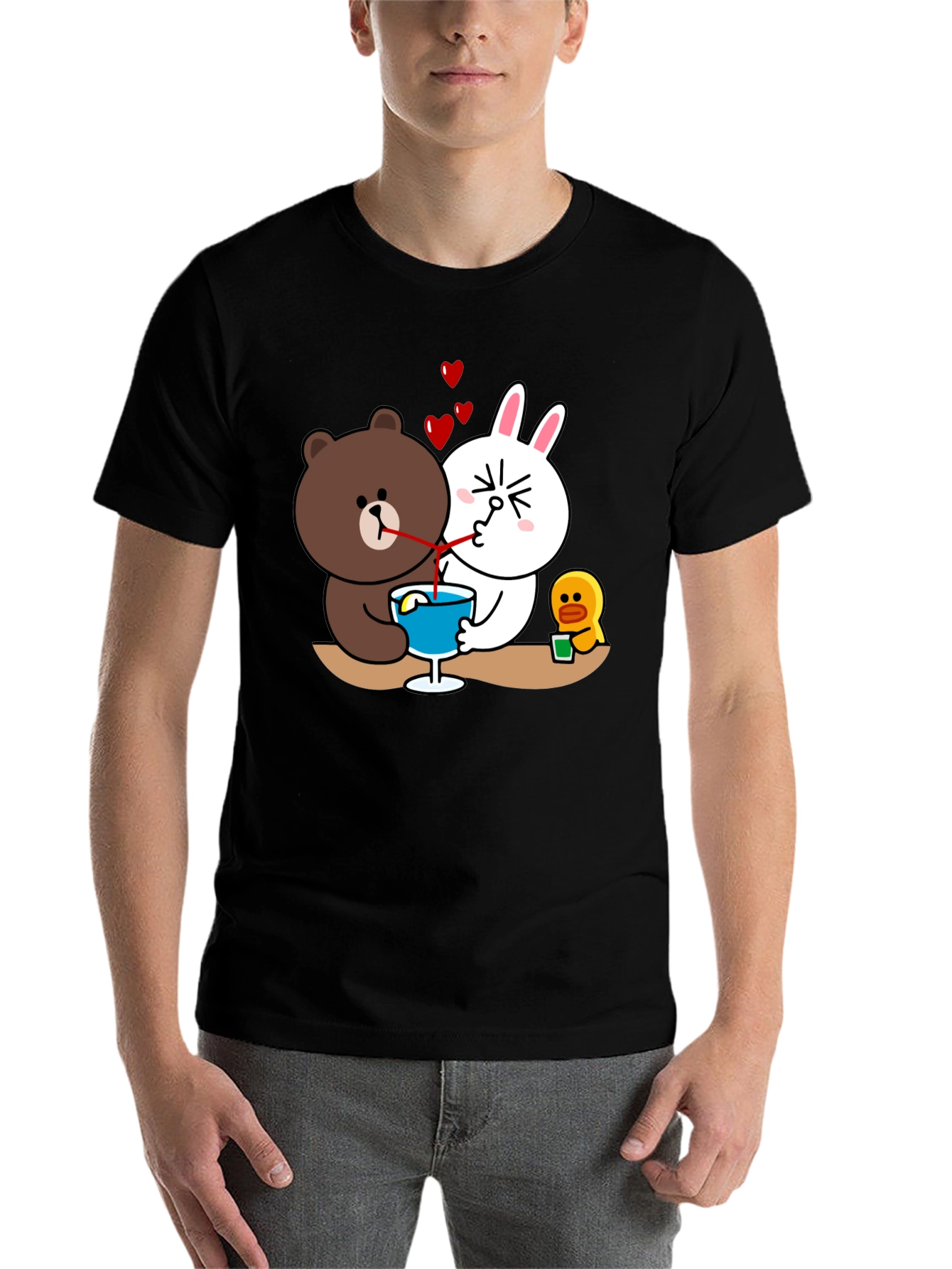 Black Cartoon Graphic Tee: Bear & Bunny Sharing Drink view 7