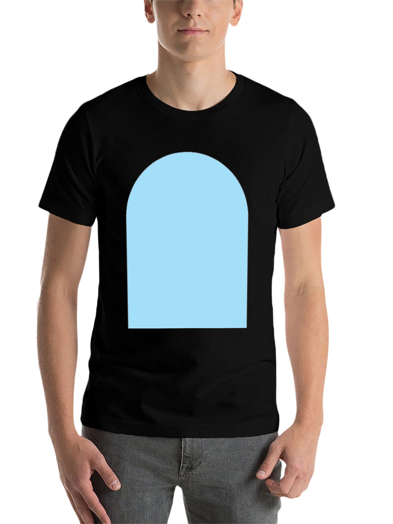 Black Black Crew Neck T-Shirt with Light Blue Arch Design view 7