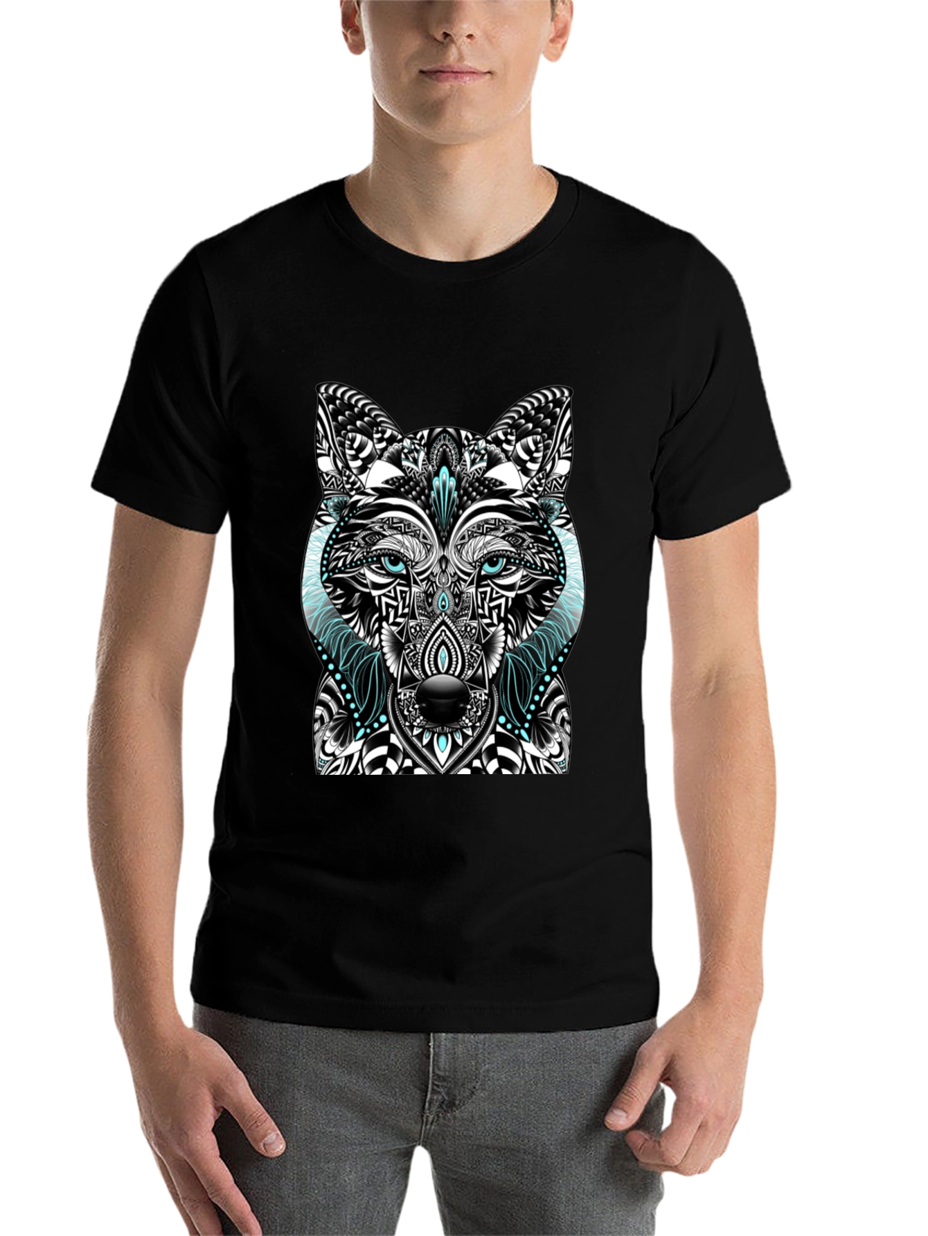Black Wolf Graphic Print Men's Black T-Shirt view 7