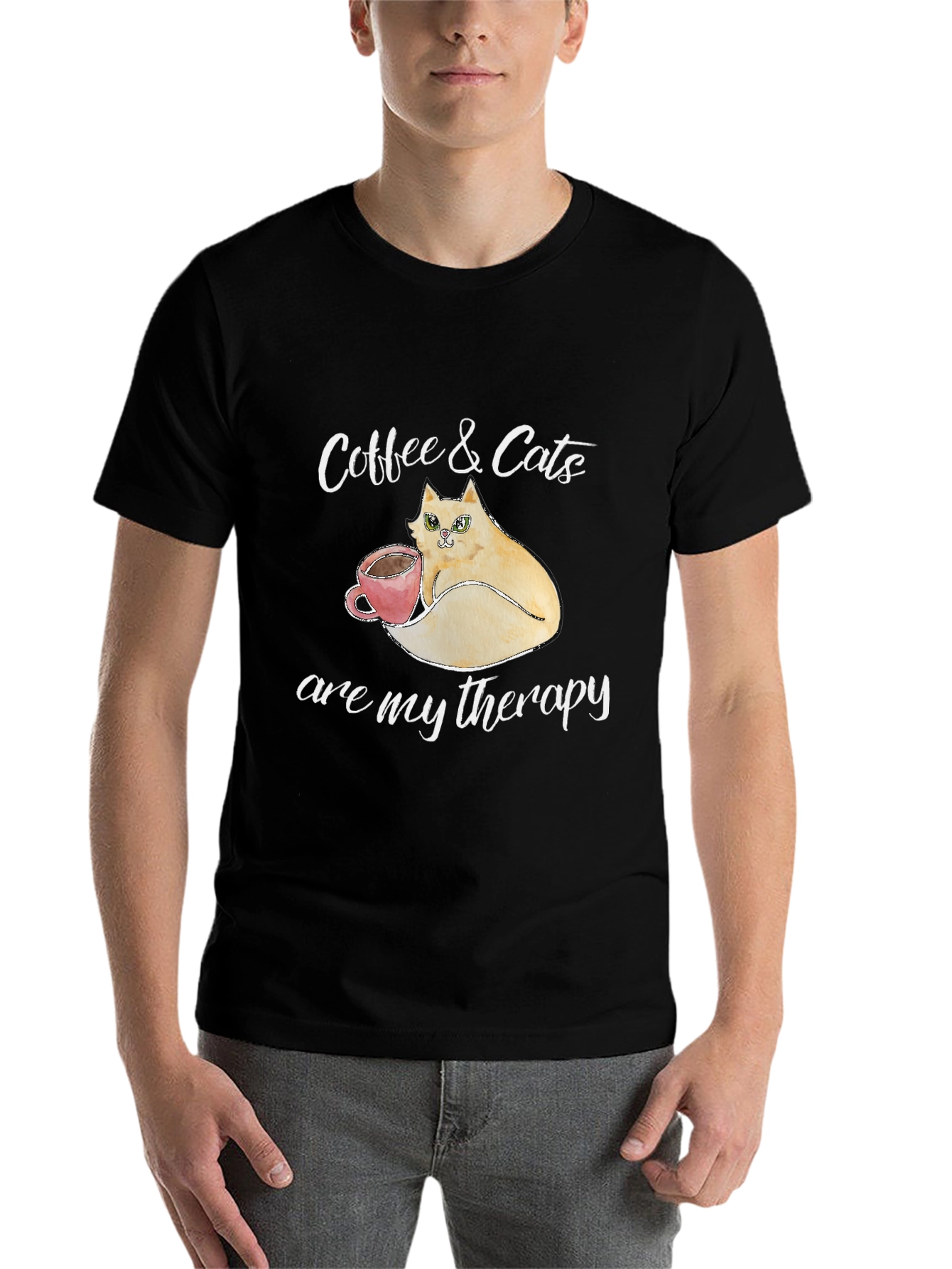 Black Coffee & Cats Therapy T-Shirt - Unique Design view 7