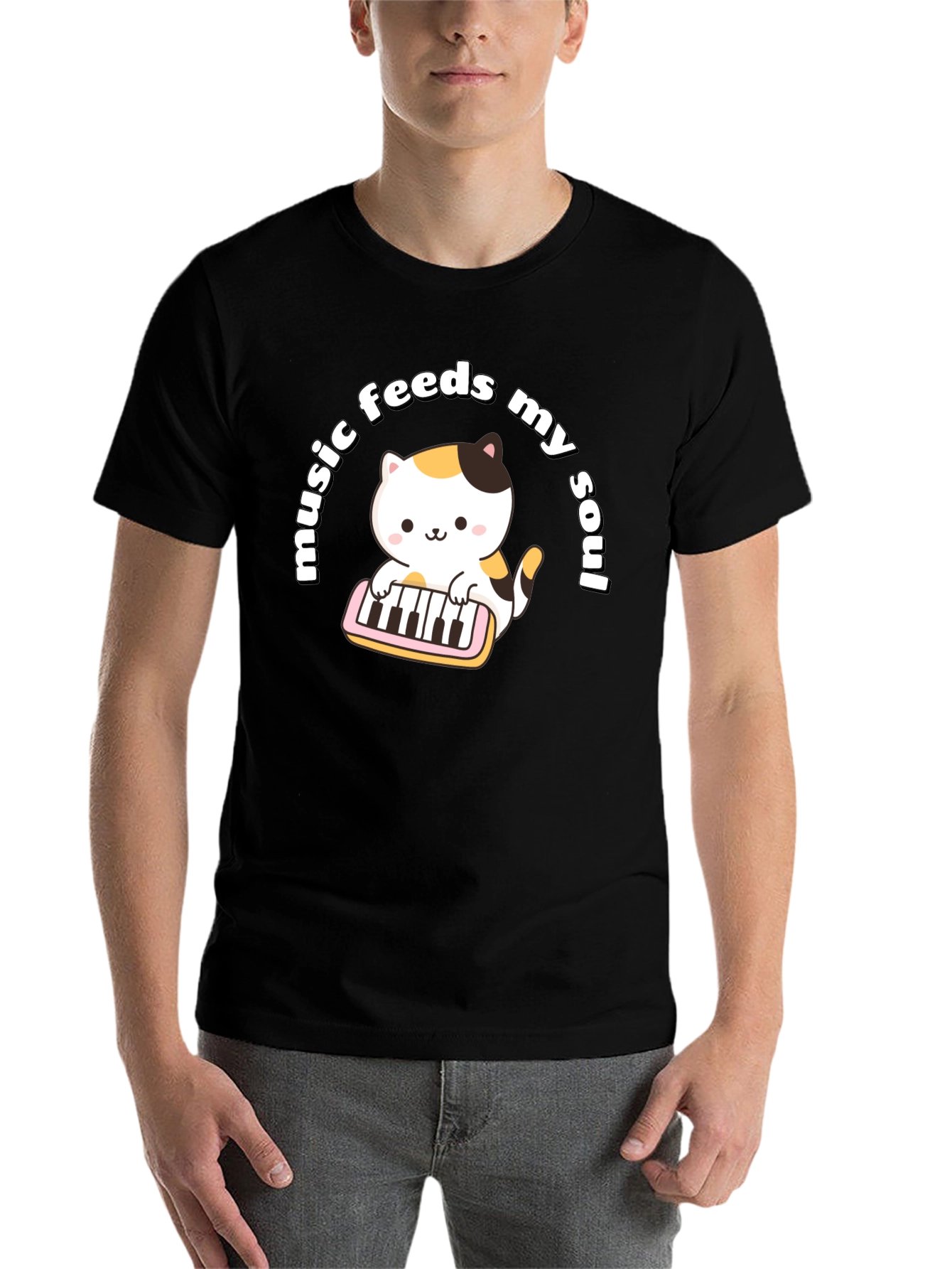 Black Music Feeds My Soul Cat Playing Keyboard Black T-Shirt view 7