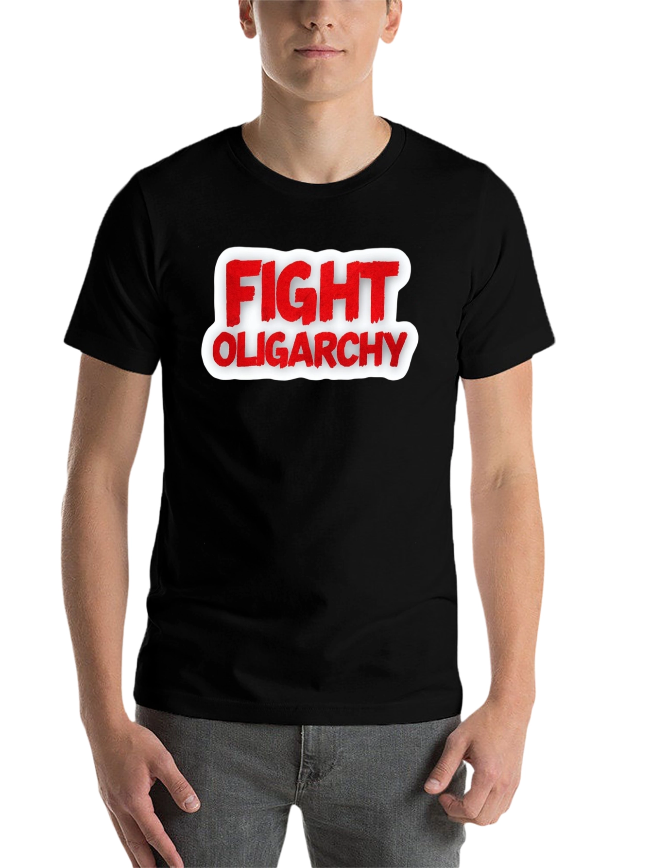 Black Fight Oligarchy T-Shirt - Red and White Graphic Tee view 7
