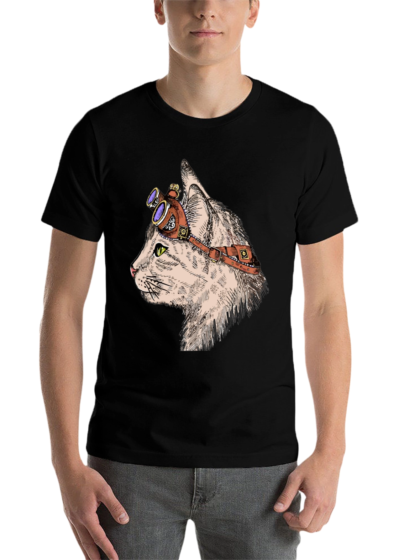 Black Steampunk Cat T-Shirt: Cool Feline with Goggles view 7