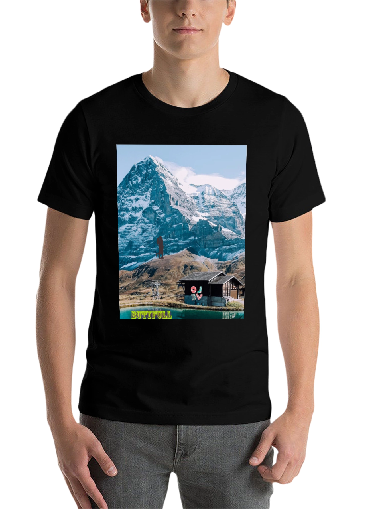 Black Mountain View Graphic Tee - "BUTTIFULL" Novelty Shirt view 7