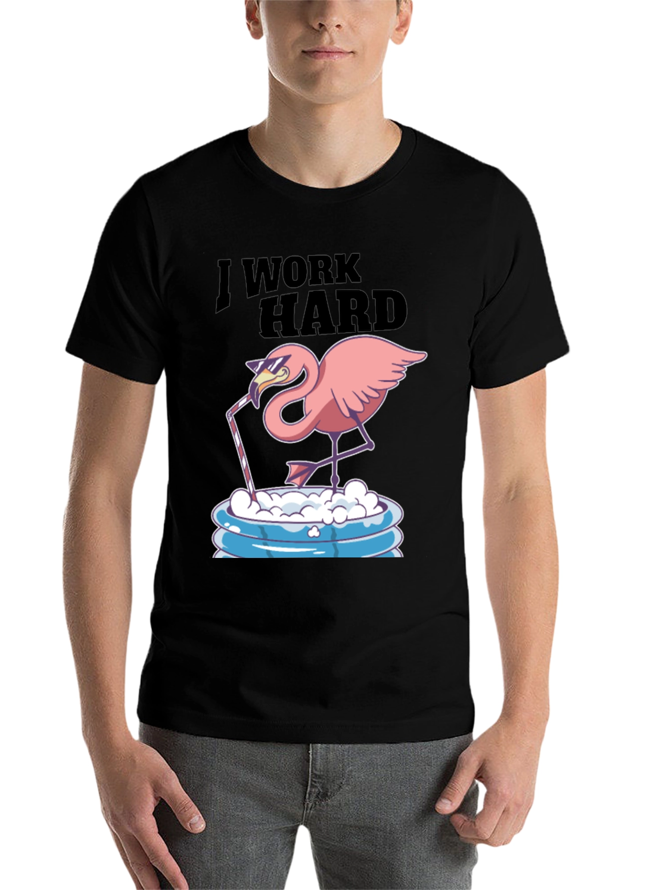 Black I Work Hard Flamingo T-Shirt - Funny Relaxing Tee view 7