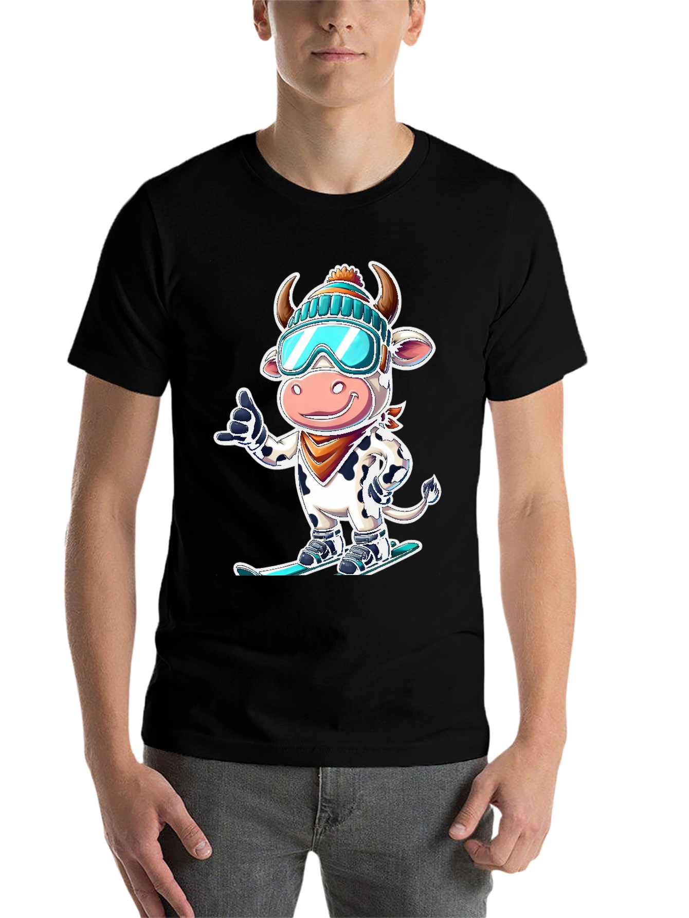Black Skiing Cow Graphic Tee - Fun Winter T-Shirt view 7