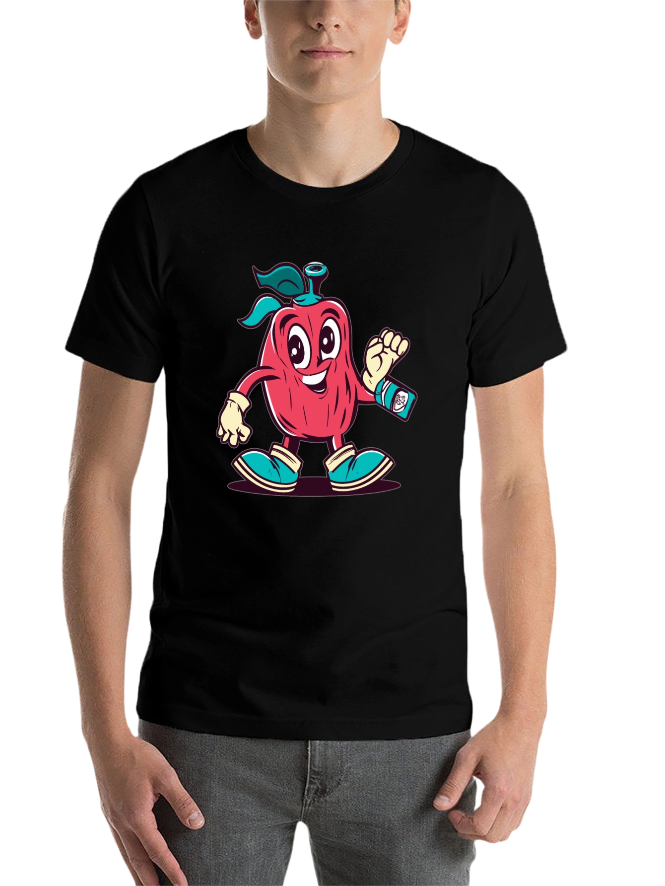 Black Cartoon Apple Character Black T-Shirt view 7