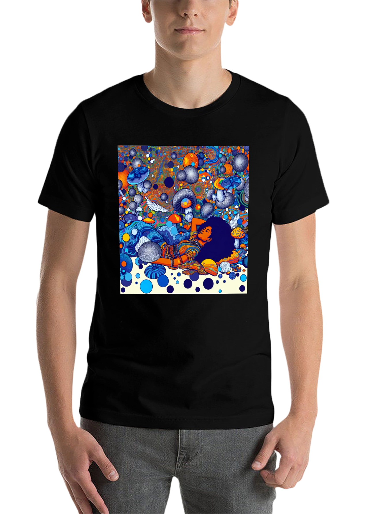 Black Psychedelic Dream T-Shirt - Colorful Mushroom Scene view 7