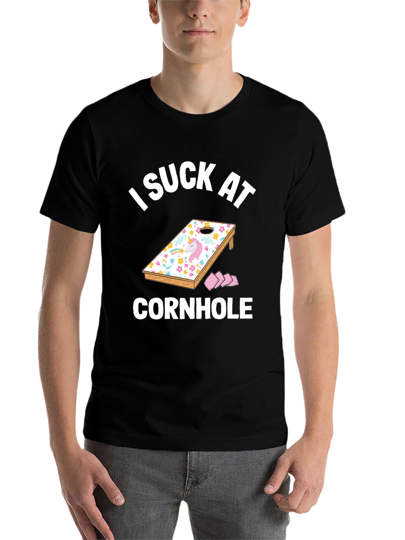 Black I Suck at Cornhole T-Shirt - Unicorn Design view 7