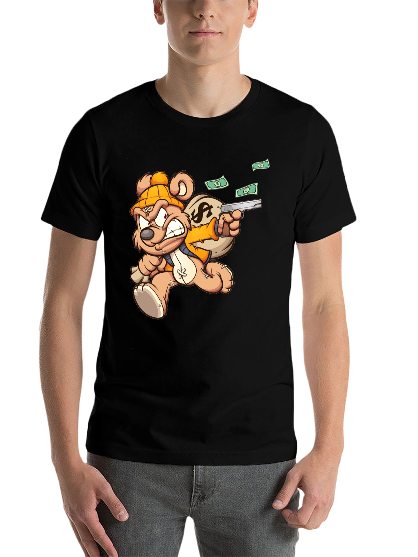 Black Cartoon Teddy Bear with Gun T-Shirt view 7