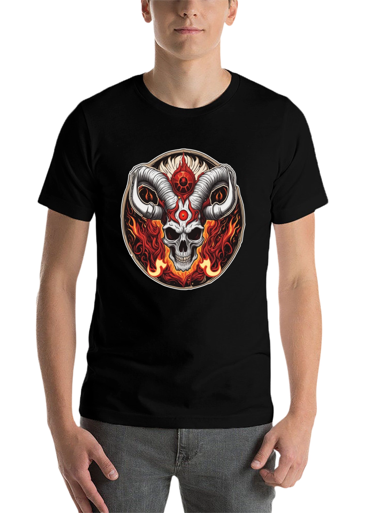Black Skull Horns Fire Graphic Tee - Black Cotton Shirt view 7