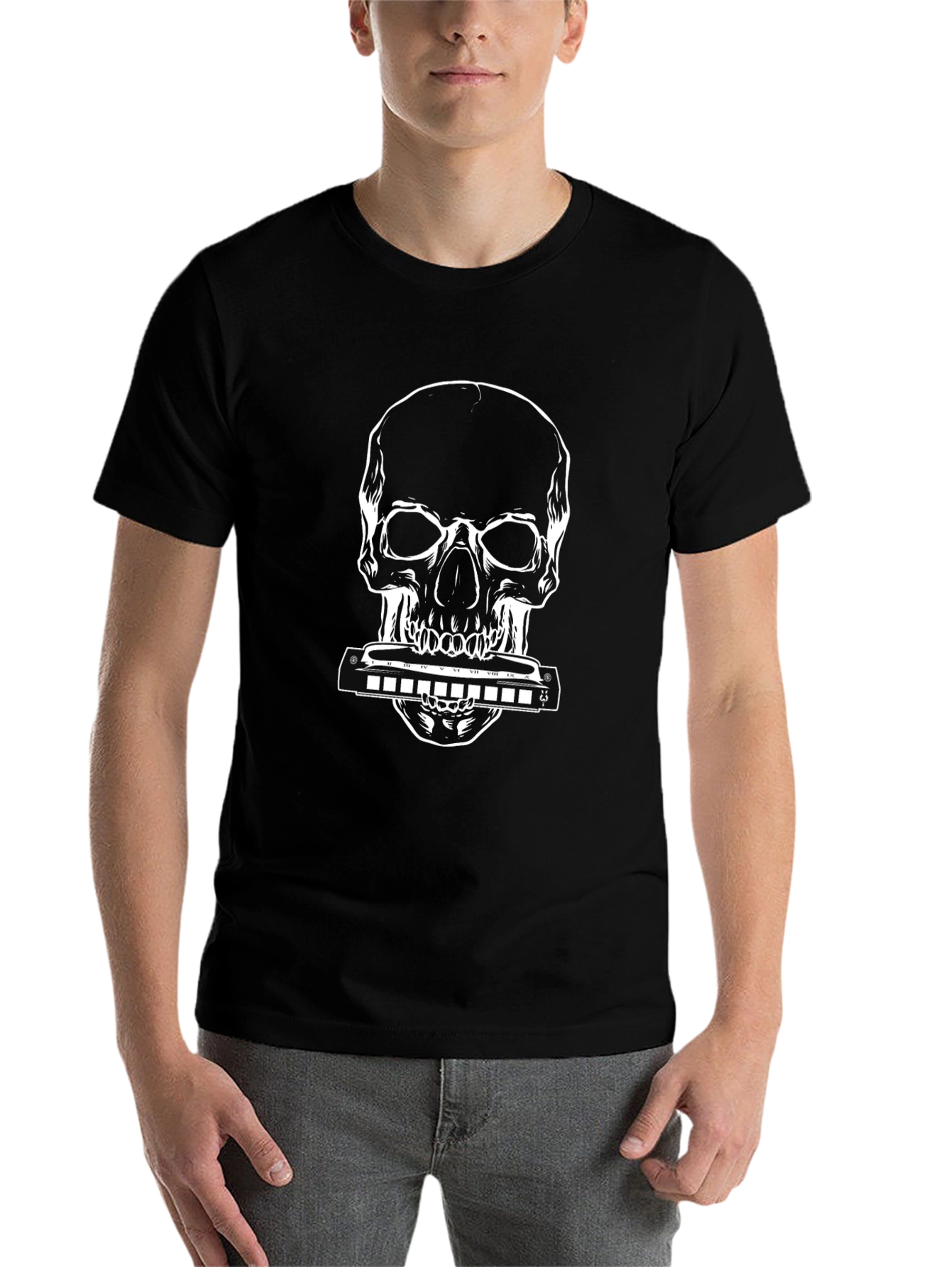 Skull Harmonica Graphic Tee - Black Cotton - 7