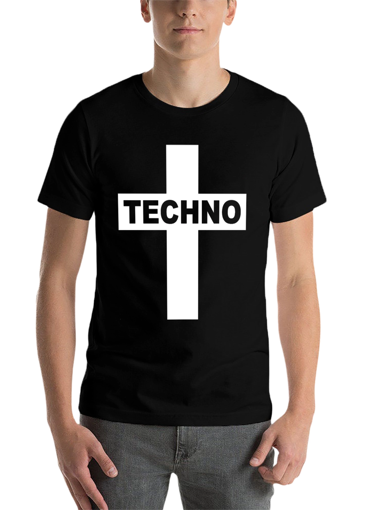 Black Techno Cross Graphic T-Shirt - Black Crew Neck Tee view 7