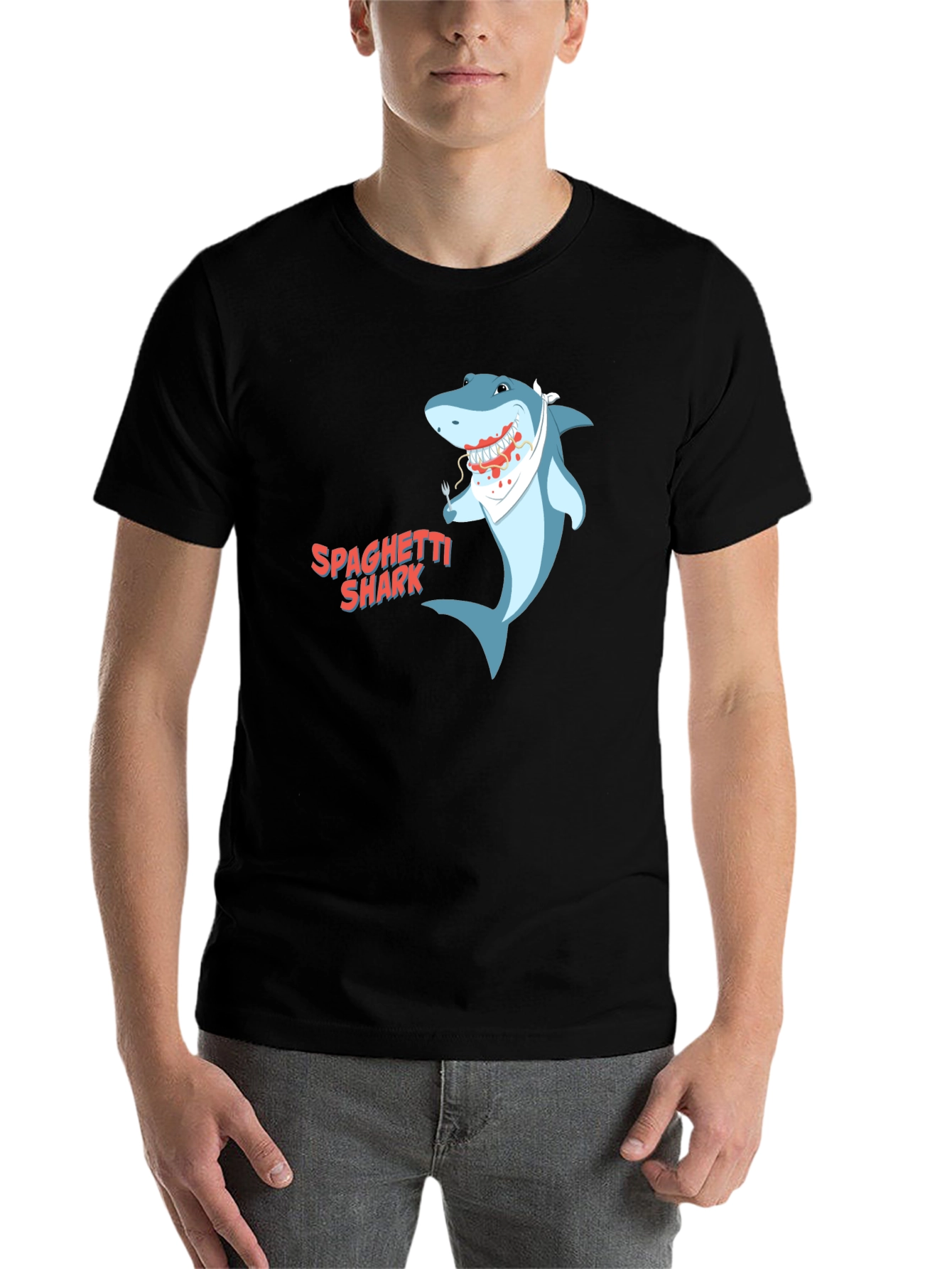 Black Spaghetti Shark Graphic Tee - Funny Cartoon Shirt view 7
