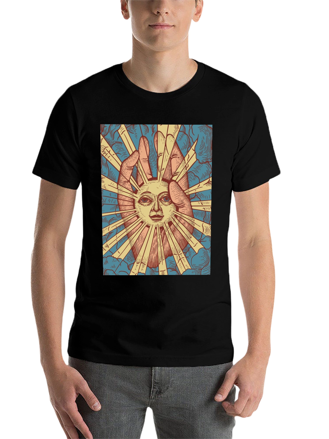 Black Mystic Sun Graphic Tee - Unique Hand Drawn Design view 7
