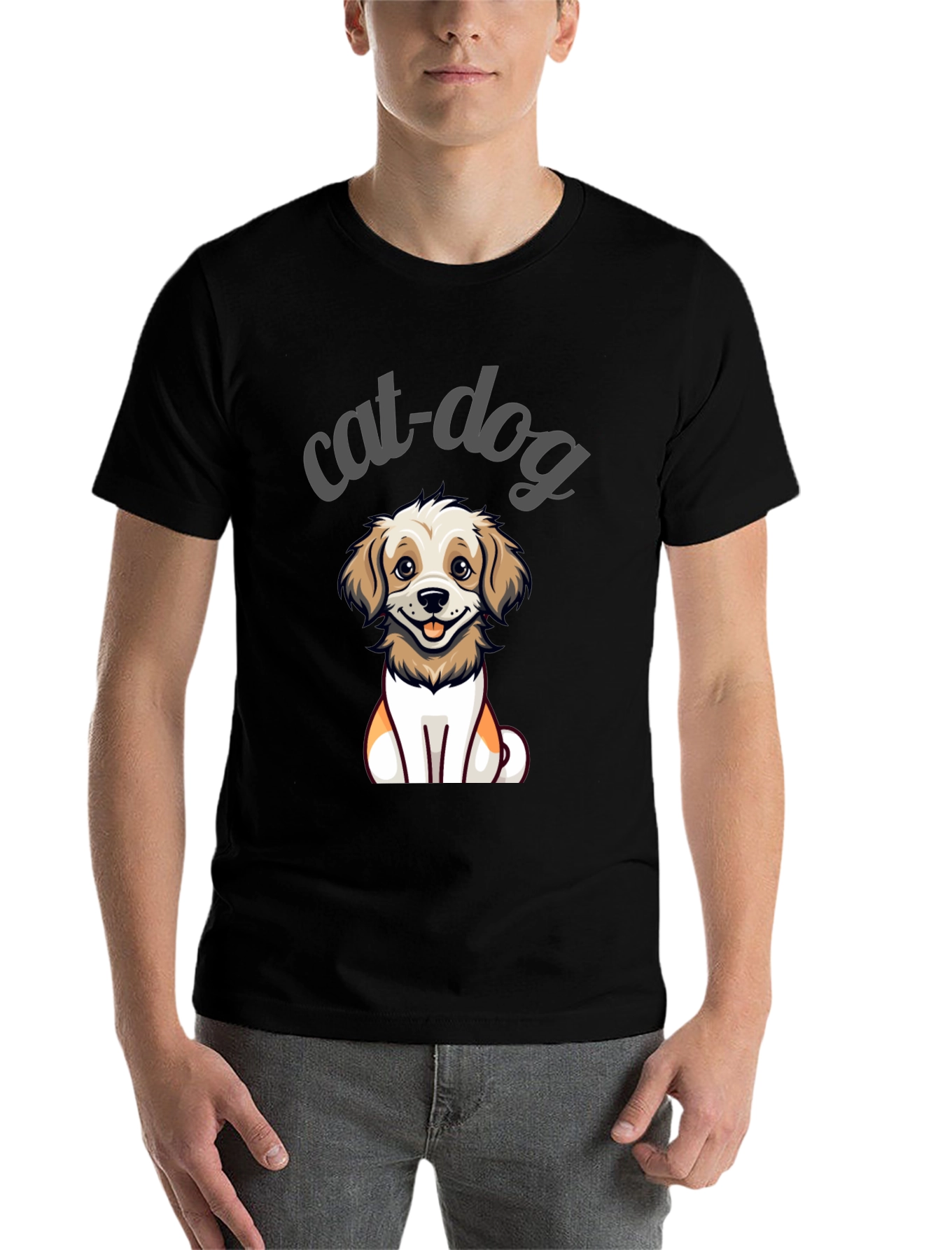 Black Cute Cat-Dog Cartoon Graphic Tee - Unisex Black T-Shirt view 7