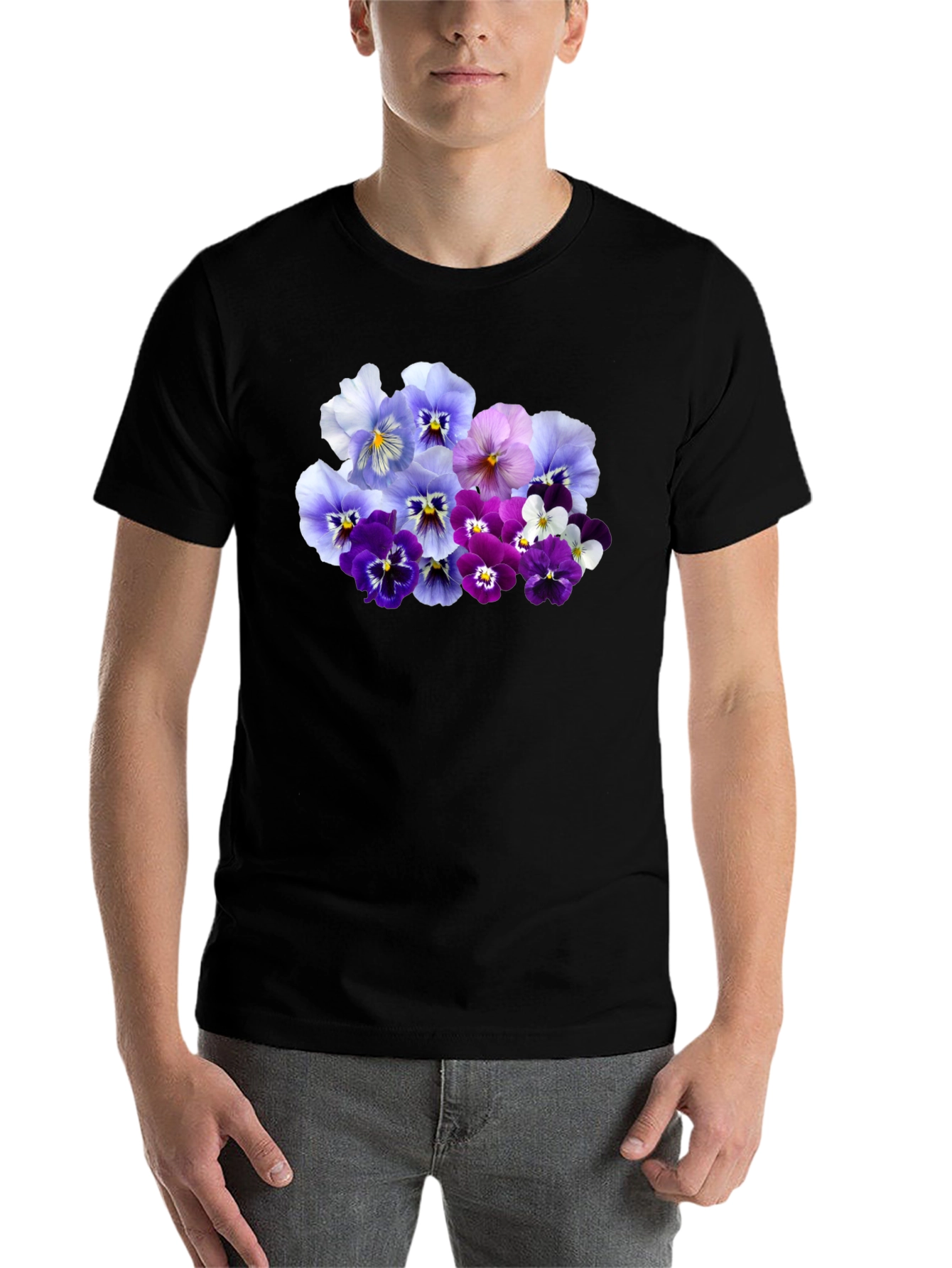 Black Floral Pansy Print Black T-Shirt view 7