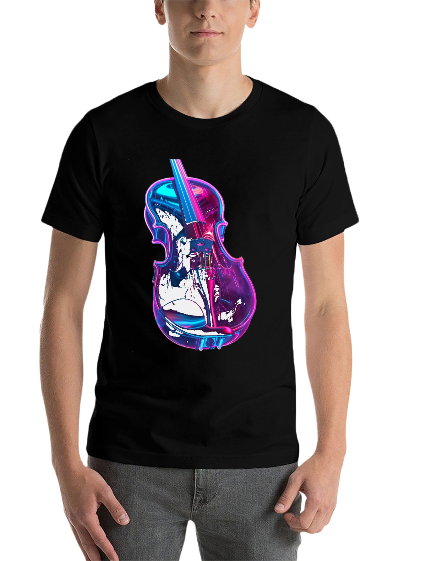 Black Vibrant Neon Violin Graphic Black T-Shirt view 7