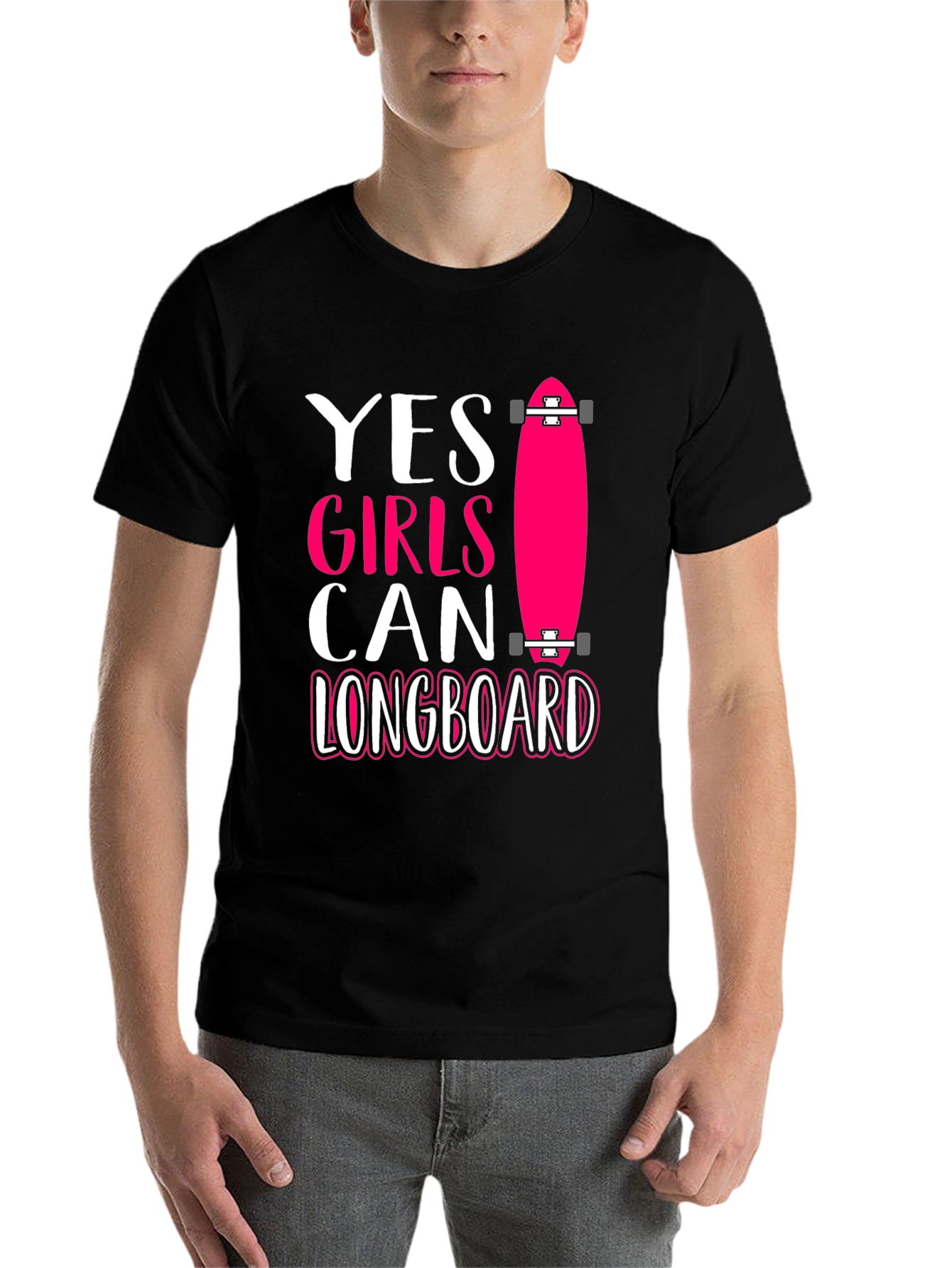 Black Yes Girls Can Longboard Graphic Tee view 7