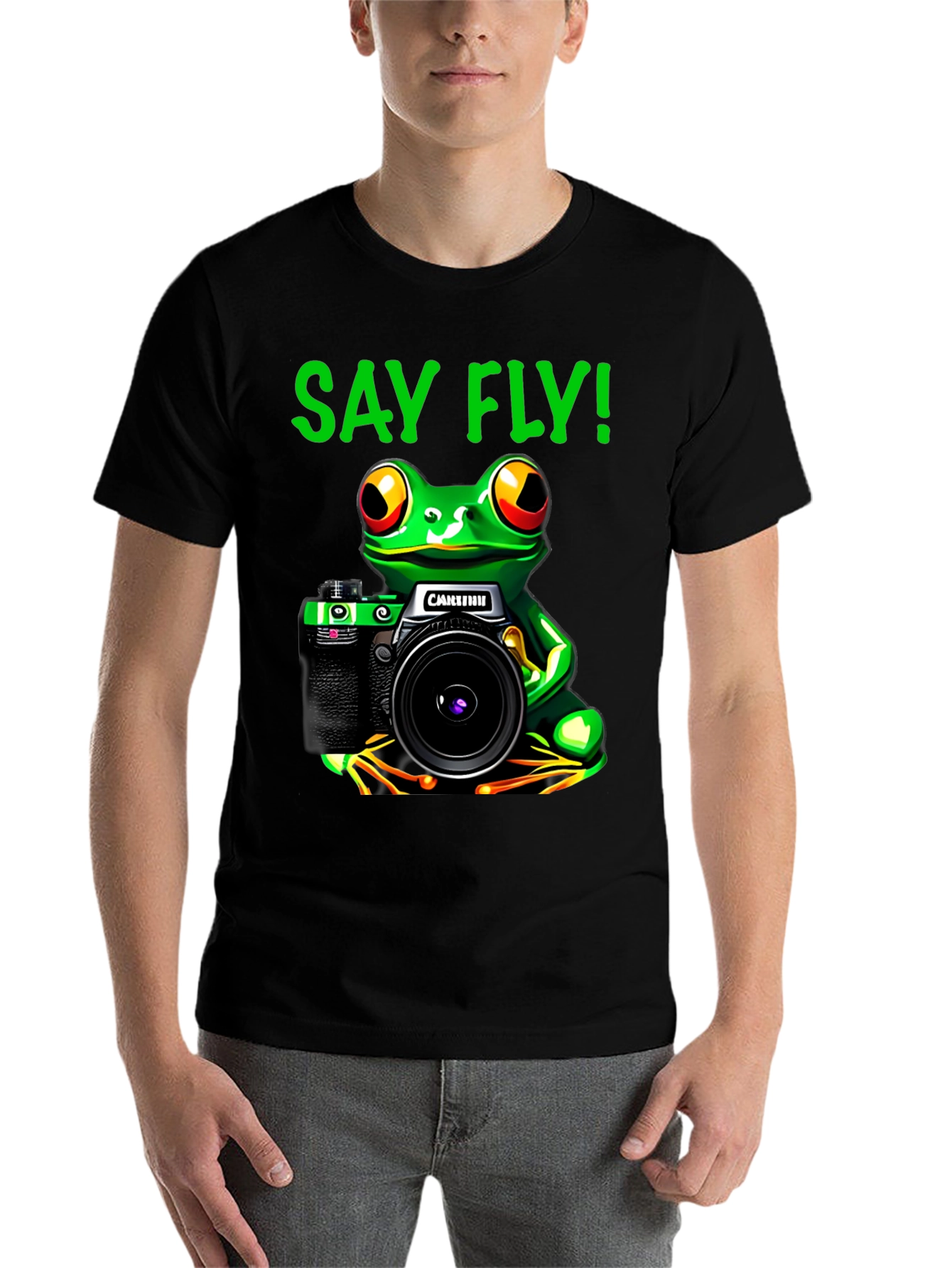 Black Frog Photographer T-Shirt - Say Fly! Black Cotton Tee view 7