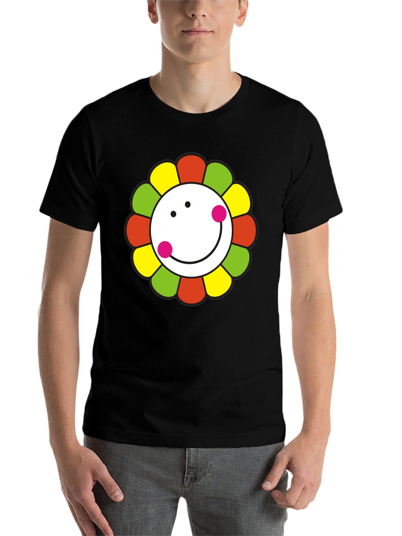 Black Smiley Flower Graphic T-Shirt - Black Cotton Tee view 7