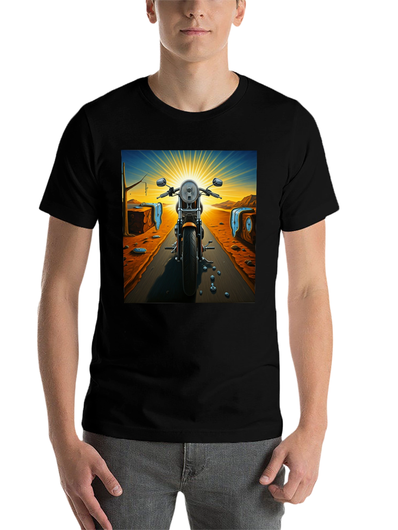 Black Surreal Motorcycle Ride T-Shirt view 7