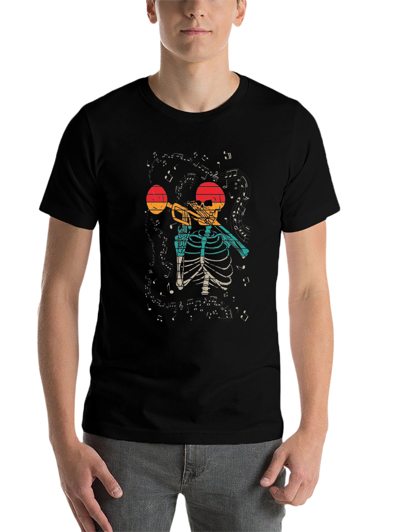 Black Skeleton Trumpet Player Graphic Tee view 7