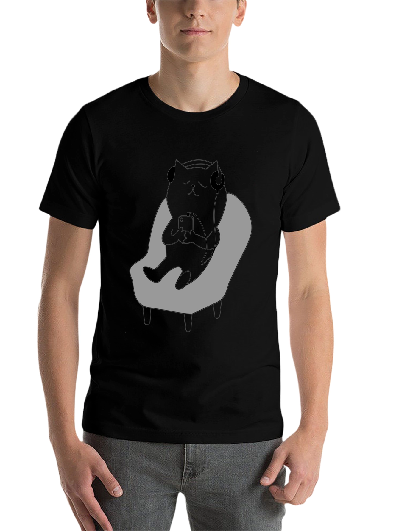 Black Chill Cat T-Shirt - Relaxed Black Cat with Headphones view 7