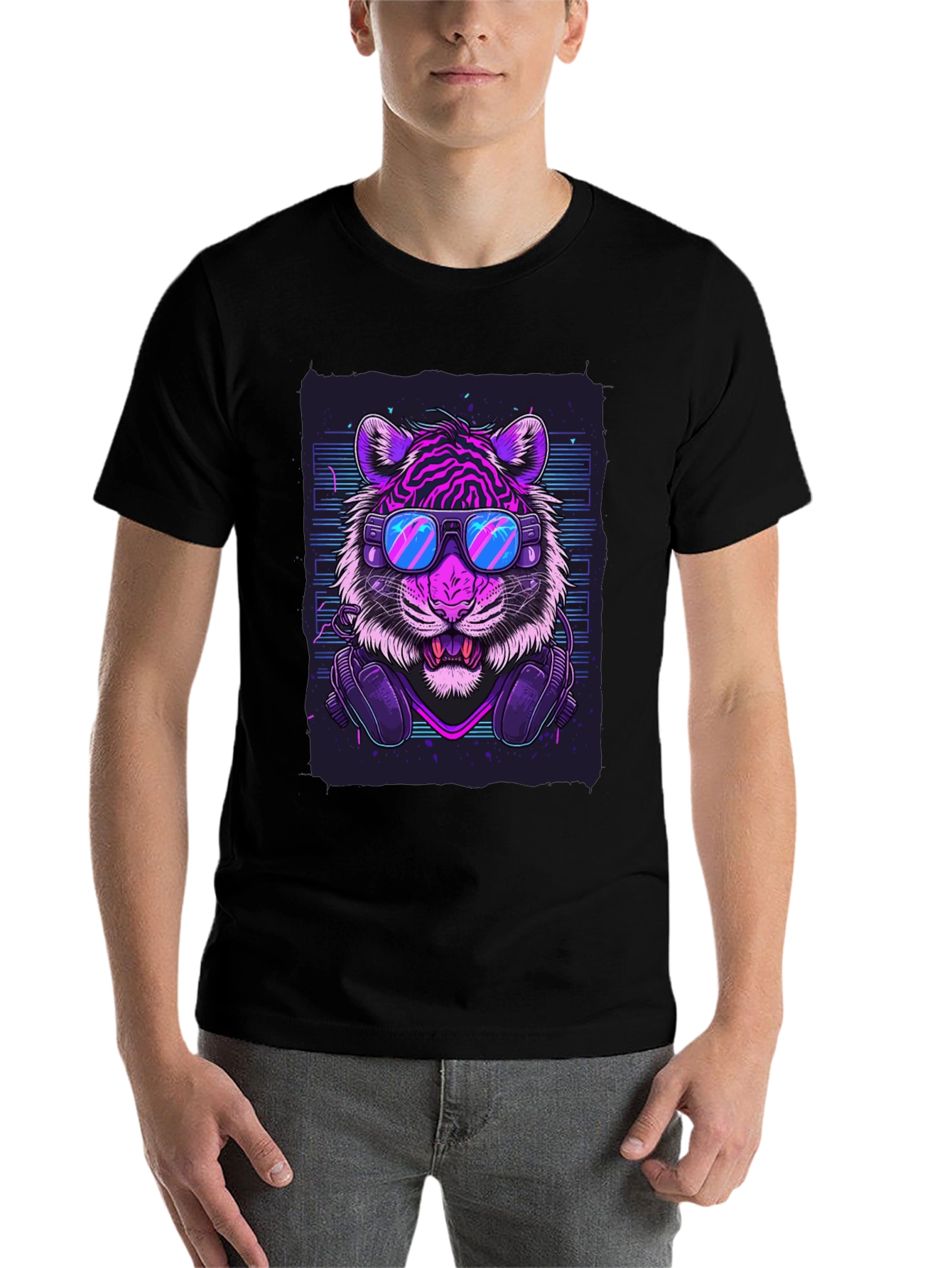 Black Neon Tiger Graphic Tee - Cool Animal Print T-Shirt view 7