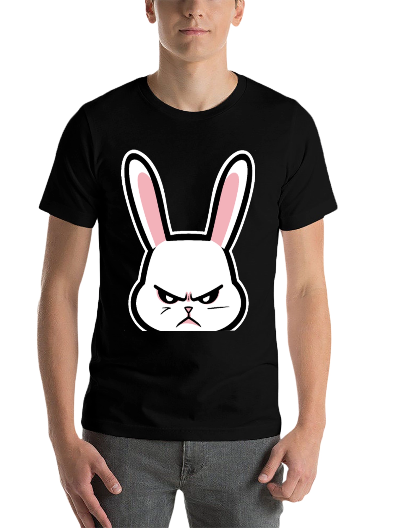 Black Grumpy Bunny T-Shirt - Black Cotton Angry Rabbit Tee view 7