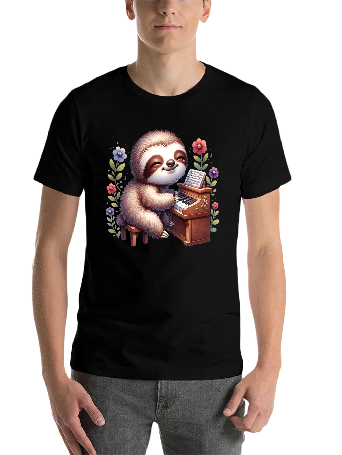 Black Sloth Pianist Graphic Tee - Cute & Unique! view 7