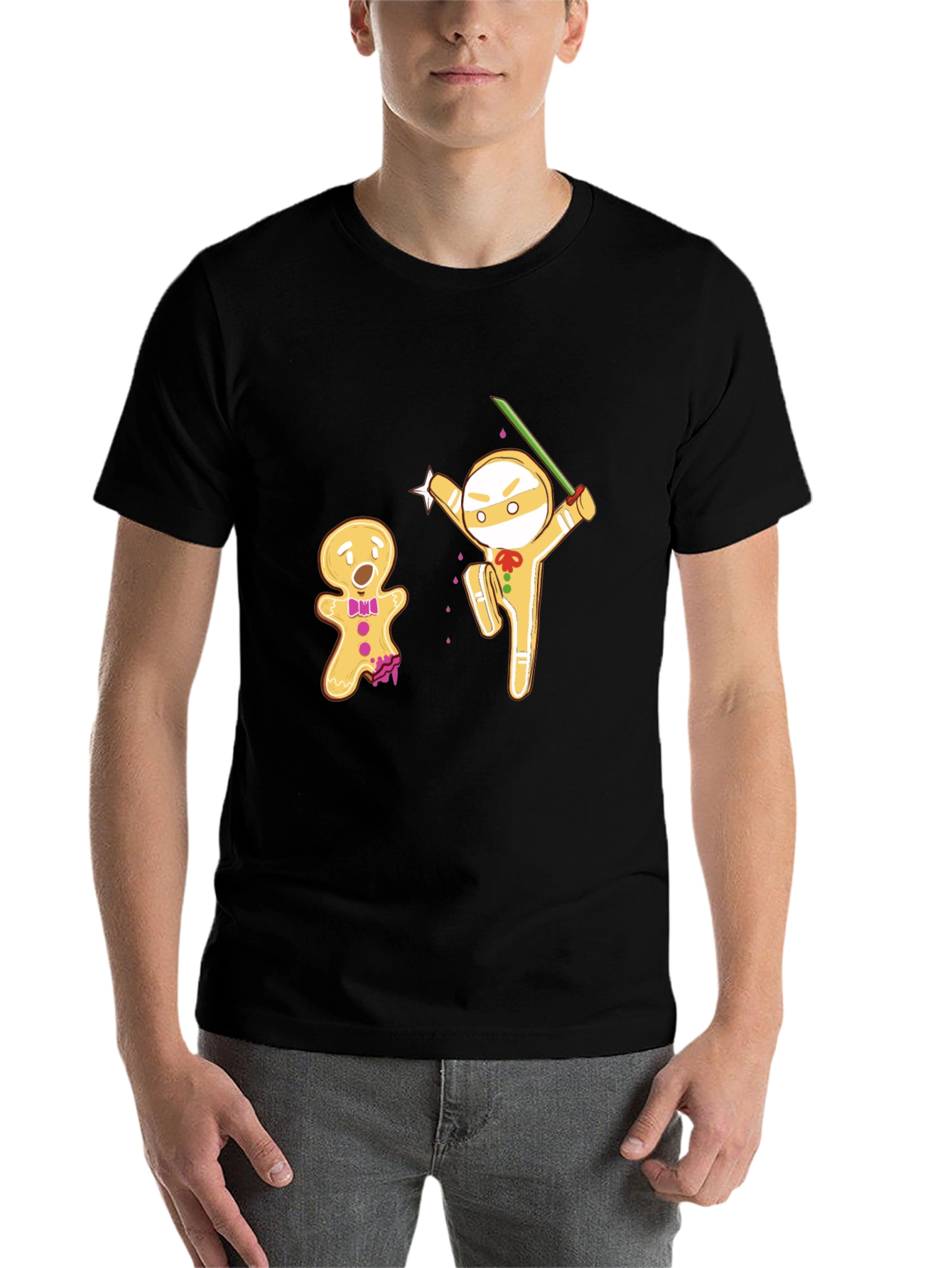 Black Gingerbread Ninja Funny Black T-Shirt view 7