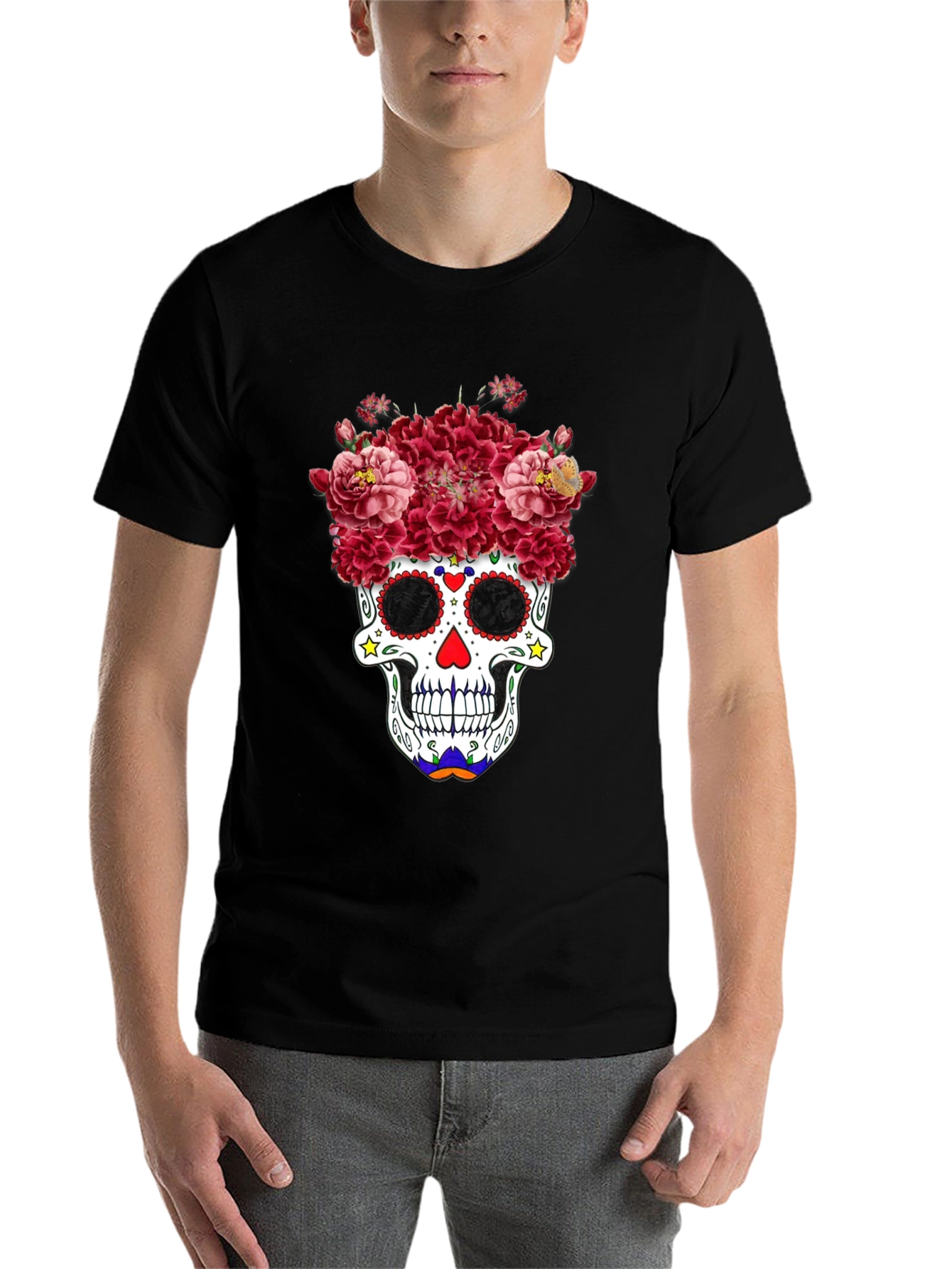 Black Floral Sugar Skull Graphic Tee - Day of the Dead view 7