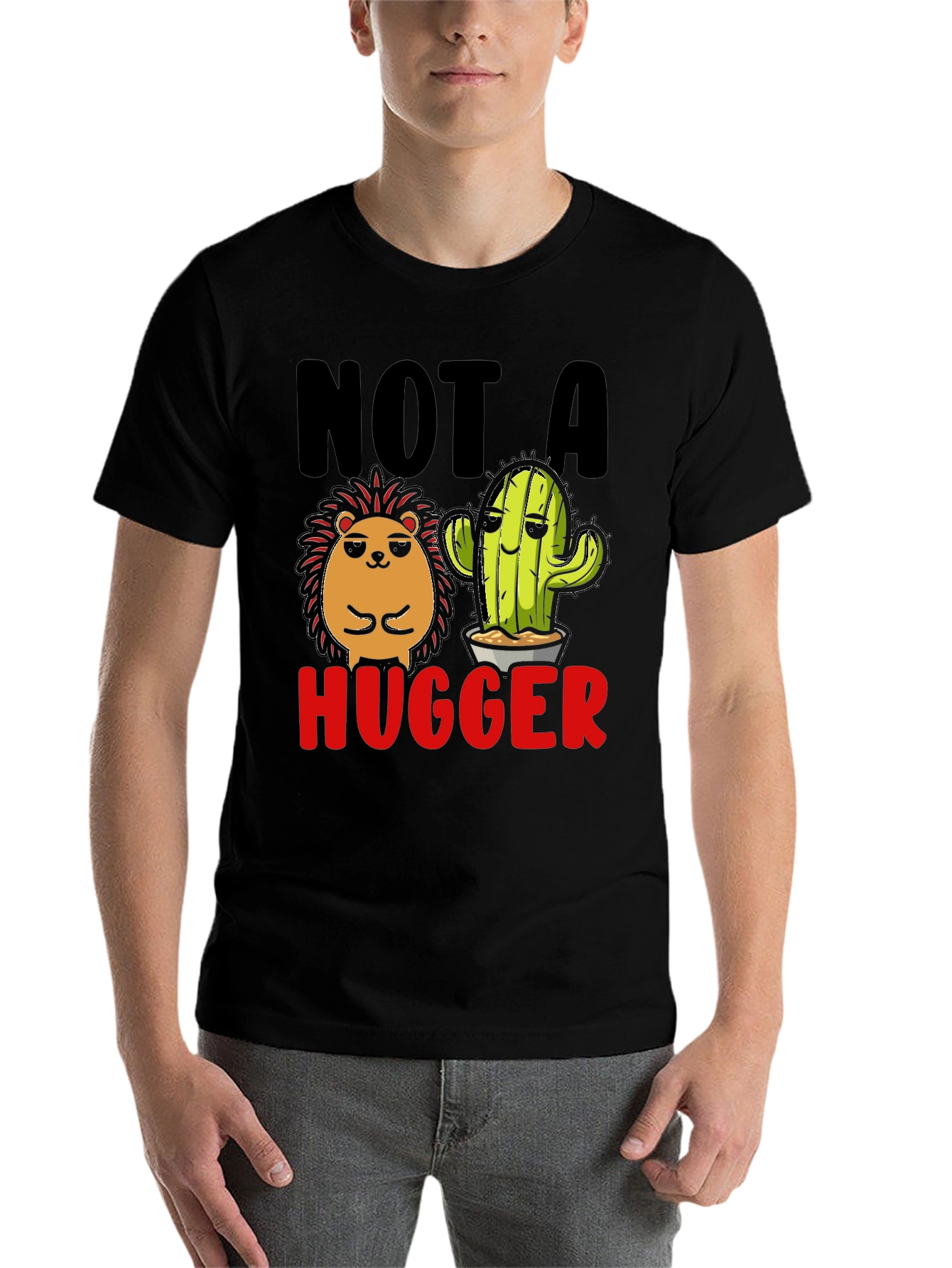 Black Not a Hugger T-Shirt Funny Cactus Hedgehog view 7